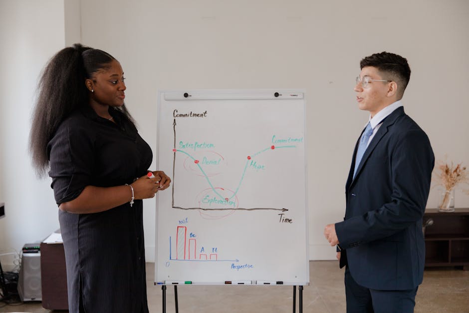 Een professional die coaching ontvangt voor loopbaanoriëntatie en begeleiding in een moderne kantooromgeving.